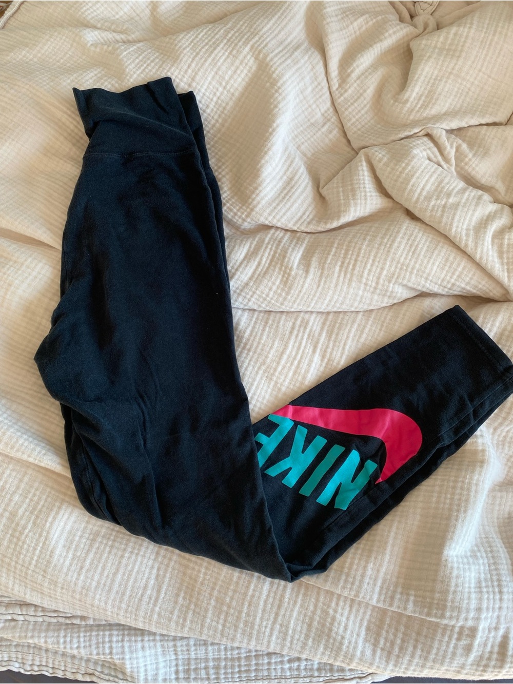 Nike Black Leggings with Pink Swoosh & Teal Logo